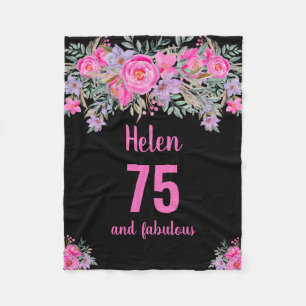 75th birthday black pink floral fleece blanket