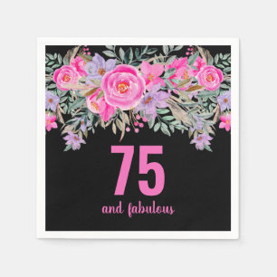 75th birthday black pink floral  napkin
