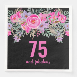 75th birthday black pink floral napkin