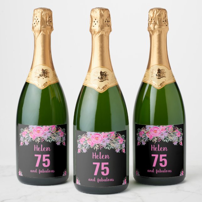 75th birthday black pink floral sparkling wine label (Bottles)