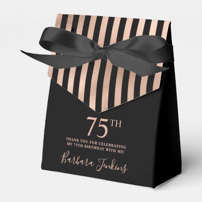 75th Birthday Black Rose Gold Striped Thank You Favour Box (Front Side)