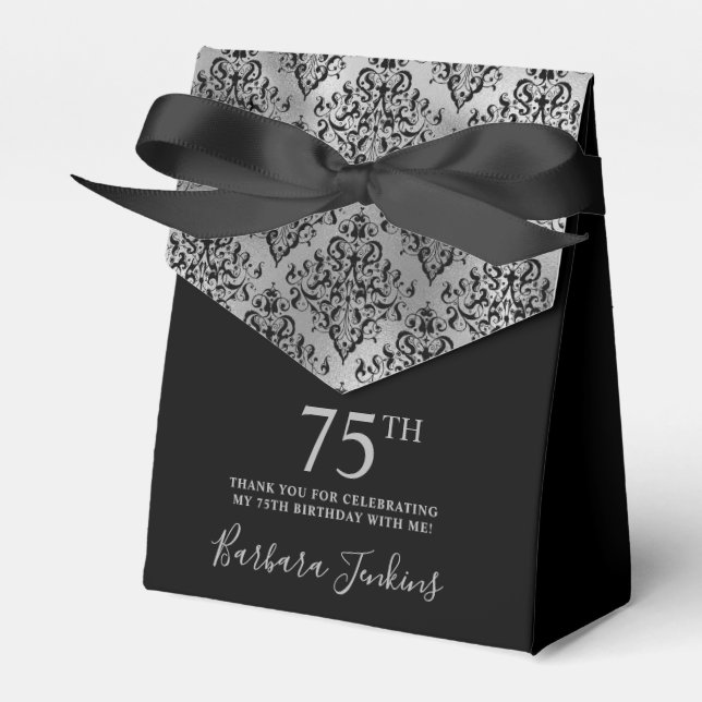 75th Birthday Black Silver Damask Thank You Favour Box (Front Side)