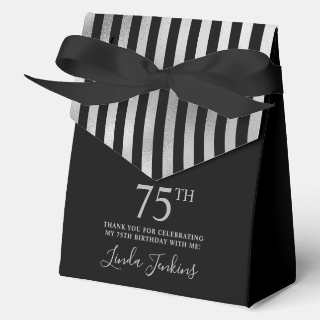 75th Birthday Black Silver Striped Thank You  Favour Box (Front)