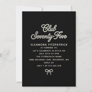 75th Birthday Black White Pearl Script Bow Invitation