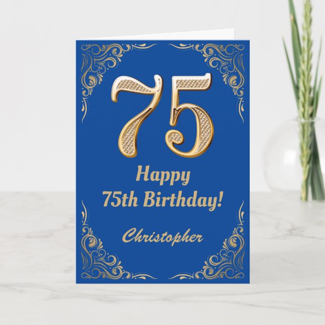 75th Birthday Blue and Gold Glitter Frame Card (Front)