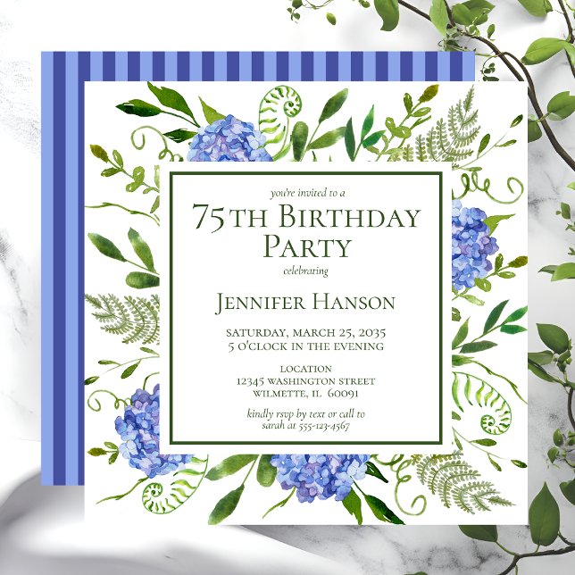 75th Birthday Blue Hydrangeas Invitation (Creator Uploaded)