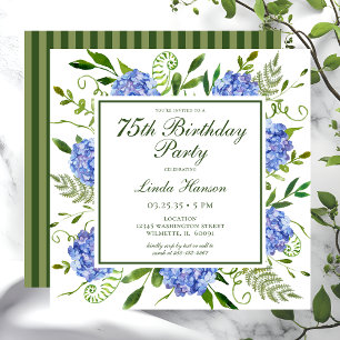 75th Birthday Blue Hydrangeas Script Invitation
