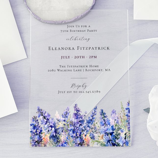 75th Birthday Blue Larkspur July Birth Flower Acrylic Invitations (Creator Uploaded)