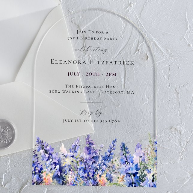 75th Birthday Blue Larkspur July Birth Flower Arch Acrylic Invitations (Creator Uploaded)