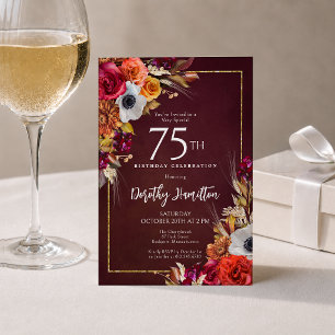 75th Birthday Burgundy Fall Flowers Elegant Script Invitation