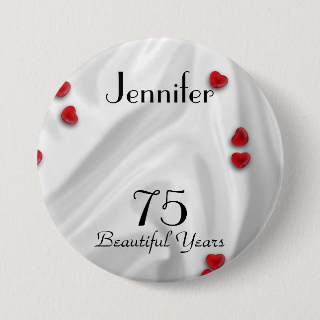 75th Birthday Button / Pin, Small Red Hearts (Front)