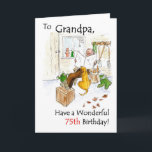 75th Birthday Card for a Grandfather<br><div class="desc">A 75th Birthday Card for a grandfather with an elderly man relaxing in his garden shed with his newspaper,  a drink and his dog. The text on the front can be quickly and easily be changed on request through my store.</div>