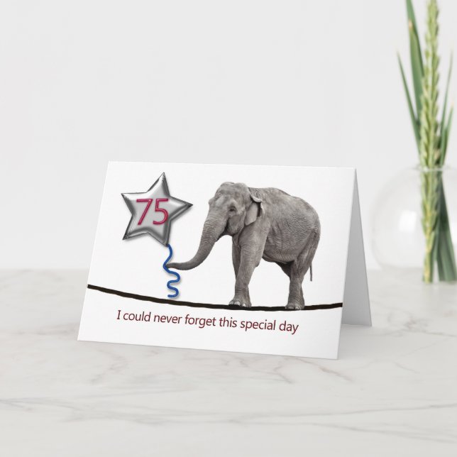 75th Birthday card with tightrope walking elephant (Front)