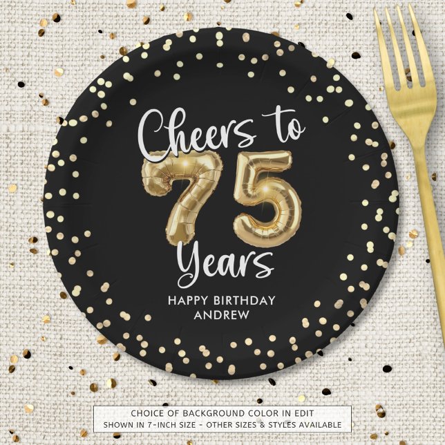 75th Birthday Cheers to 75 Years Black Gold Paper Plate (Creator Uploaded)