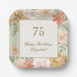 75th Birthday Coaster Autumn Colour Floral Stripe Paper Plate