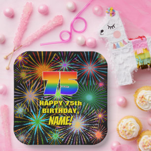 75th Birthday: Colorful, Fun Celebratory Fireworks Paper Plate