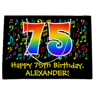 75th Birthday - Colourful Music Symbols, Rainbow 7 Large Gift Bag