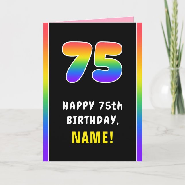 75th Birthday: Colourful Rainbow # 75, Custom Name Card (Front)
