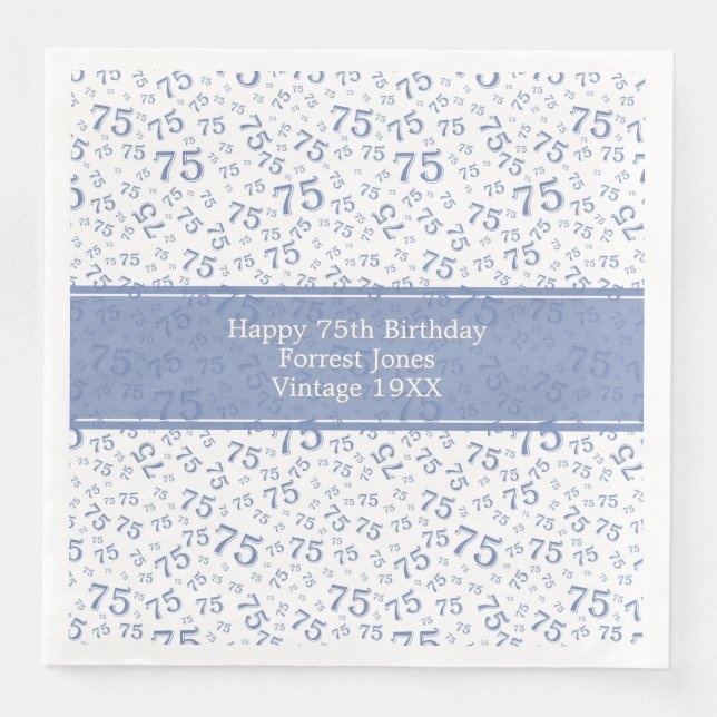 75th Birthday Cool Number Pattern Blue/White Napkin (Front)