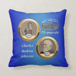 75th Birthday Custom Then Now Gold Blue Photoframe Cushion