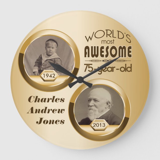 75th Birthday Custom Then Now Gold Photo Frame Large Clock (Front)