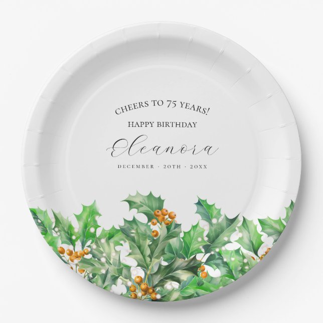 75th Birthday December Birth Flower Holly Custom Paper Plate (Front)