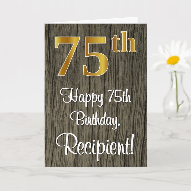 75th Birthday: Elegant Faux Gold Look #, Faux Wood Card (Small Plant)