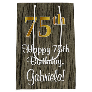 75th Birthday: Elegant Faux Gold Look #, Faux Wood Medium Gift Bag