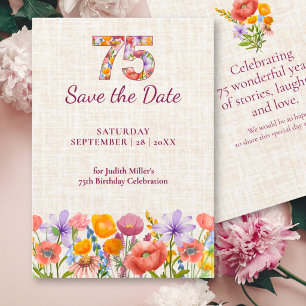 75th Birthday Elegant Floral Linen Wildflowers Save The Date