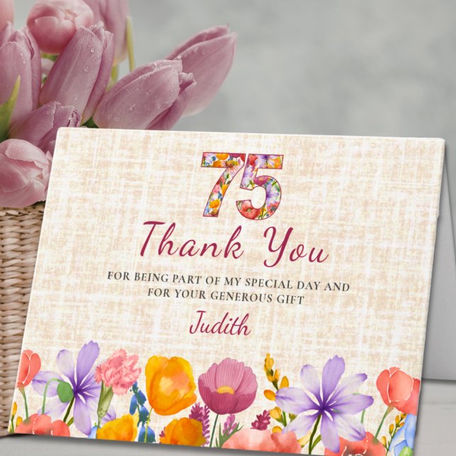 75th Birthday - Elegant Floral Number 75 Years  Thank You Card (Creator Uploaded)