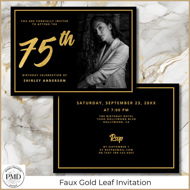 75th Birthday Elegant Photo Black Faux Gold Leaf Invitation (75th Birthday Elegant Photo Black and Faux Gold Leaf Invitation with Party Details on the Back.)
