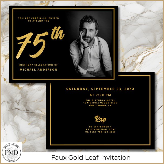 75th Birthday Elegant Photo Black Gold Invitation (70th Birthday Black and Gold Photo Invitation with Faux Gold Leaf, Party Details on the Back.)