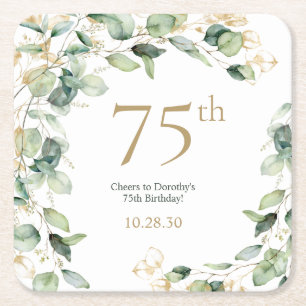 75th Birthday Eucalyptus Square Paper Coaster