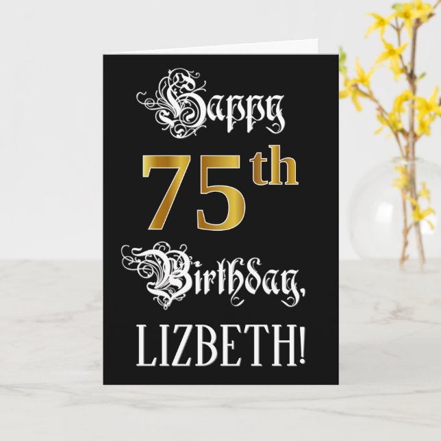 75th Birthday — Fancy Script; Faux Gold Look; Name Card (Yellow Flower)