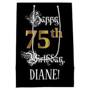 75th Birthday ~ Fancy Script; Faux Gold Look; Name Medium Gift Bag