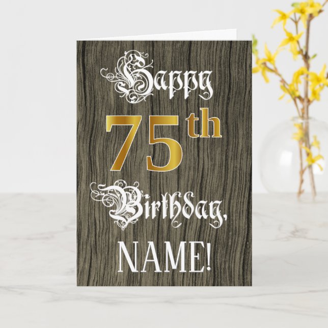 75th Birthday: Faux Gold Look + Faux Wood Pattern Card (Yellow Flower)