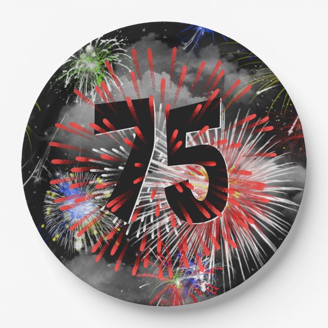 75th Birthday Fireworks In Clouds Paper Plate (Front)