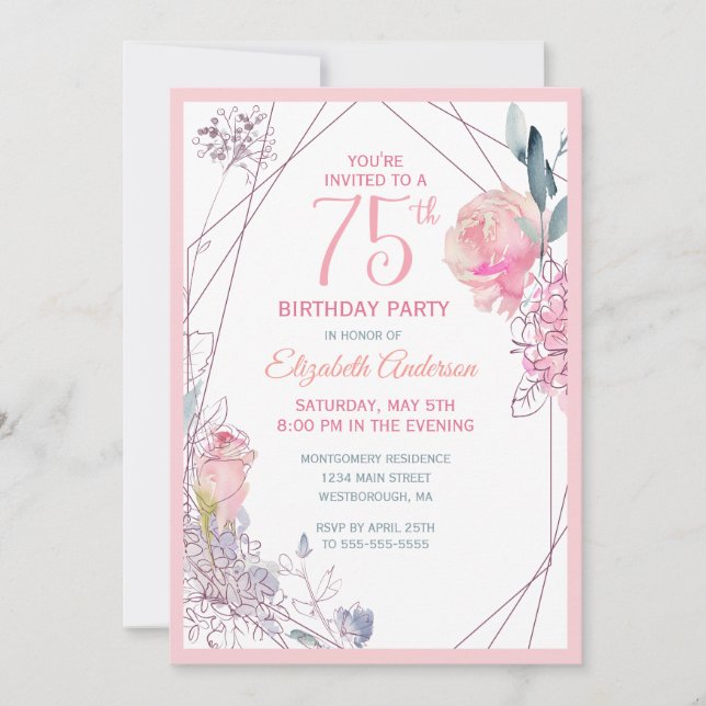 75th Birthday Floral Blush Rose Watercolor Party Invitation (Front)