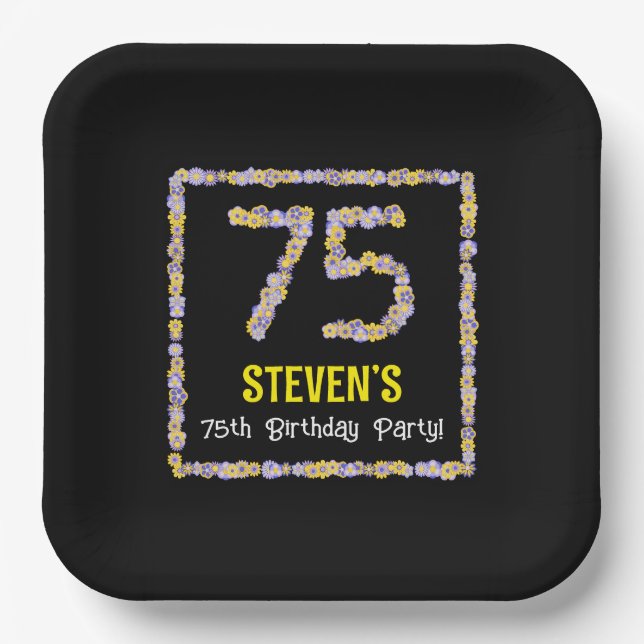 75th Birthday: Floral Flowers Number, Custom Name Paper Plate (Front)