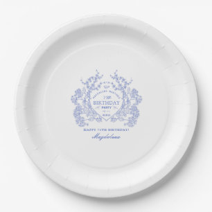 75th Birthday French Blue Floral Crest Custom Paper Plate