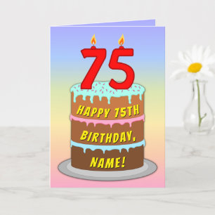 75th Birthday — Fun Cake & Candles, w/ Custom Name Card