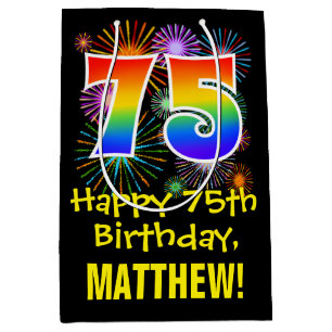 75th Birthday: Fun Fireworks Pattern + Rainbow 75 Medium Gift Bag
