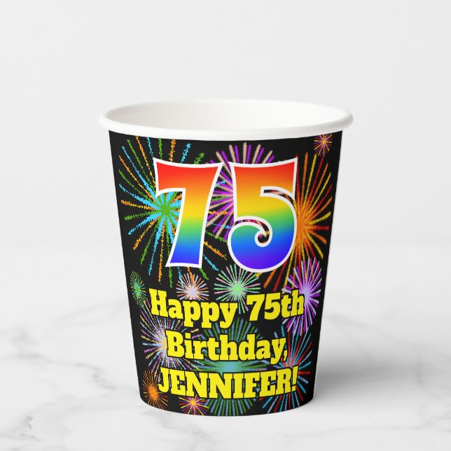 75th Birthday: Fun Fireworks Pattern + Rainbow 75 Paper Cups (Back)