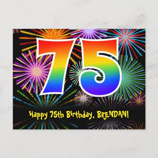 75th Birthday – Fun Fireworks Pattern + Rainbow 75 Postcard (Front)