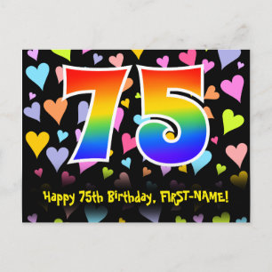 75th Birthday: Fun Hearts Pattern, Rainbow 75 Postcard
