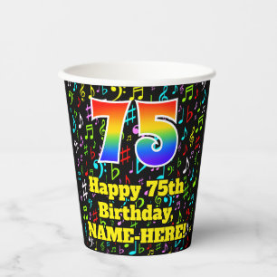 75th Birthday: Fun Music Notes Pattern, Rainbow 75 Paper Cups