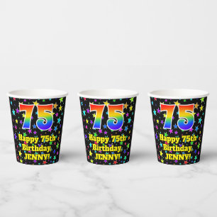75th Birthday: Fun Stars Pattern and Rainbow 75 Paper Cups