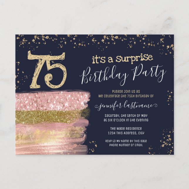 75th Birthday Glitter Cake Surprise Party Postcard (Front)