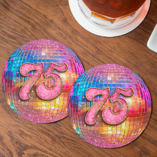 75th Birthday Gold Pink Glitter Dancing Disco Ball Round Paper Coaster