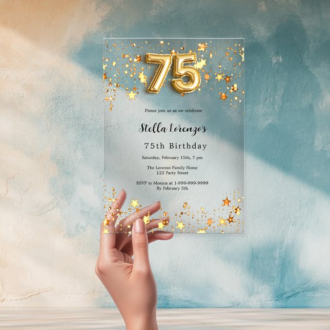 75th birthday gold stars clear acrylic invitations (Creator Uploaded)